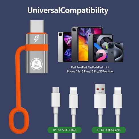 USB C to Li-gh-tning Adapter, PD60W Fast Charging and Data Transfer, USB C Plug to IP Female Adapter, Compatible with 17/17 Plus/17 Pro Max Phones, Does not Support Headphone and OTG Functions in Saudi Arabia