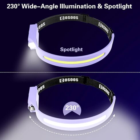 COSOOS 2 LED Headlamp Rechargeable Flashlight, Bright Headlights Adjustable Headband for Women,1000 Lumen Wide Beam & Spot Light, Motion Sensor, 2.4 oz Lightweight Camping Gear Essentials in Saudi Arabia