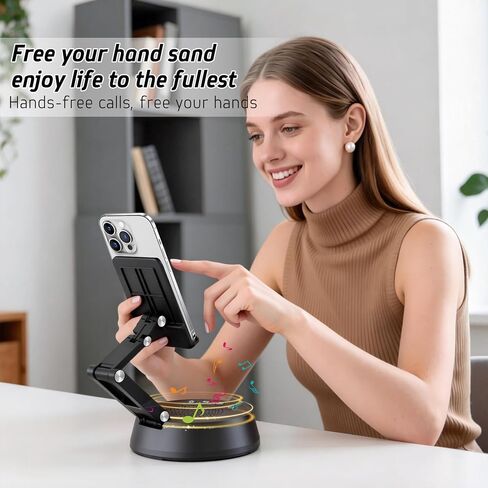Cell Phone Stand with Wireless Bluetooth Speaker,Adjustable Height and Angle Phone Stand for Desk, HD Stereo Sound & Anti-Slip Base Phone Holder Speaker Compatible with iPhone,Gifts for Men Women in Saudi Arabia