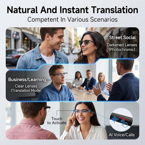 Silver AI Smart Glasses:164+ Languages Translation & Bluetooth Audio in Kuwait