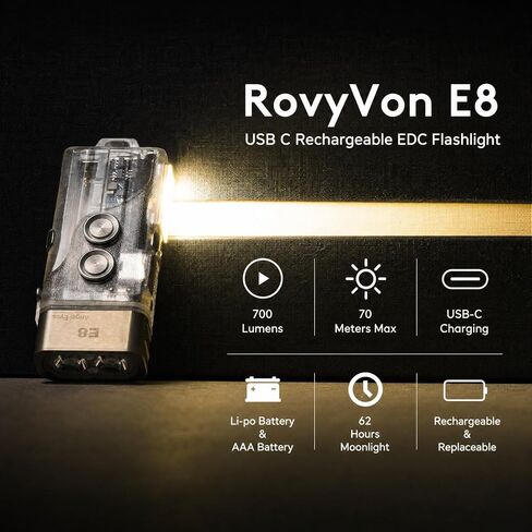 RovyVon Angel Eyes E8 Keychain Flashlight، 700 لومن، متوافق مع بطارية AAA، مصباح يدوي USB C قابل لإعادة الشحن EDC (365 نانومتر ضوء أسود/أحمر/أبيض) in Saudi Arabia