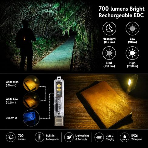 RovyVon Angel Eyes E8 Keychain Flashlight، 700 لومن، متوافق مع بطارية AAA، مصباح يدوي USB C قابل لإعادة الشحن EDC (365 نانومتر ضوء أسود/أحمر/أبيض) in Saudi Arabia