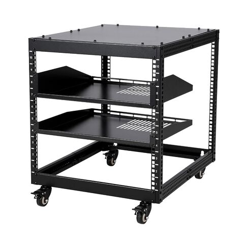 10U Open Frame Server Rack – 23"-40" Adjustable Depth, Wall Mount & Free Standing Network Rack with 4 Lockable Casters & 2×1u Shelves, for IT/AV Equipment in Saudi Arabia