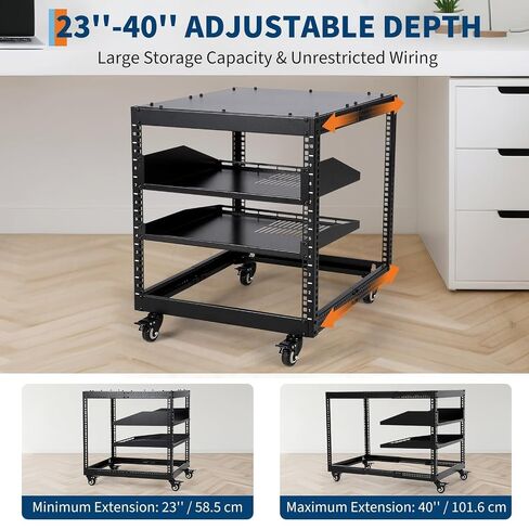 10U Open Frame Server Rack – 23"-40" Adjustable Depth, Wall Mount & Free Standing Network Rack with 4 Lockable Casters & 2×1u Shelves, for IT/AV Equipment in Saudi Arabia