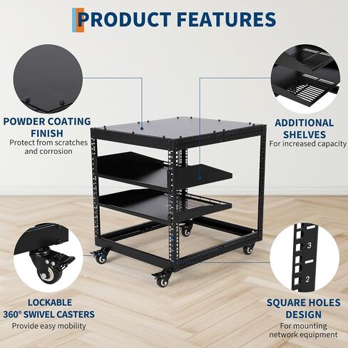 10U Open Frame Server Rack – 23"-40" Adjustable Depth, Wall Mount & Free Standing Network Rack with 4 Lockable Casters & 2×1u Shelves, for IT/AV Equipment in Saudi Arabia