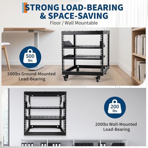 10U Open Frame Server Rack – 23"-40" Adjustable Depth, Wall Mount & Free Standing Network Rack with 4 Lockable Casters & 2×1u Shelves, for IT/AV Equipment in Saudi Arabia