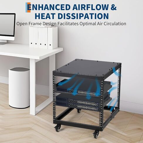 10U Open Frame Server Rack – 23"-40" Adjustable Depth, Wall Mount & Free Standing Network Rack with 4 Lockable Casters & 2×1u Shelves, for IT/AV Equipment in Saudi Arabia