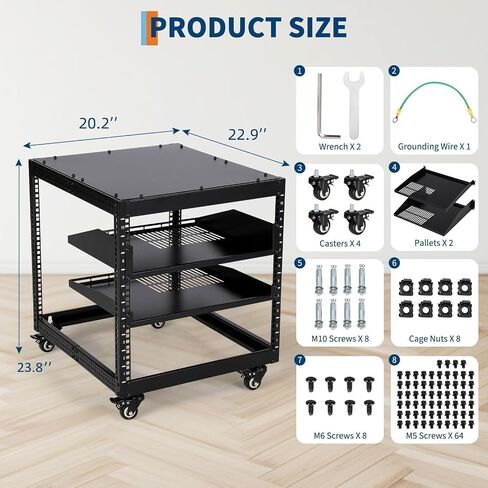 10U Open Frame Server Rack – 23"-40" Adjustable Depth, Wall Mount & Free Standing Network Rack with 4 Lockable Casters & 2×1u Shelves, for IT/AV Equipment in Saudi Arabia