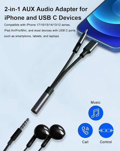 AreMe 2-in-1 Headphone Adapter for Lightning & USB C to 3.5mm Audio Adapter in Saudi Arabia