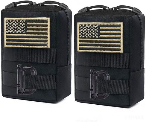 2Pack Molle Pouch, Tactical Compact Utility EDC Waist Bag Pack Belt Tool Pouch with D-Ring and US Flag Patch for Hiking Travel (Black-2 Pack) in Kuwait