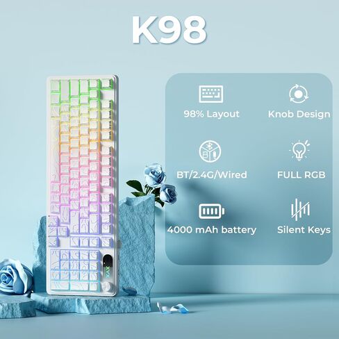 OHY XVX Wireless Keyboard,99Keys Quiet Typing Membrane Gaming Keyboard with Logo Display & Knob, RGB Backlit, USB C Rechargeable, 94 Keys PBT Keycap for Windows PC, Mac, Linux-White in Saudi Arabia