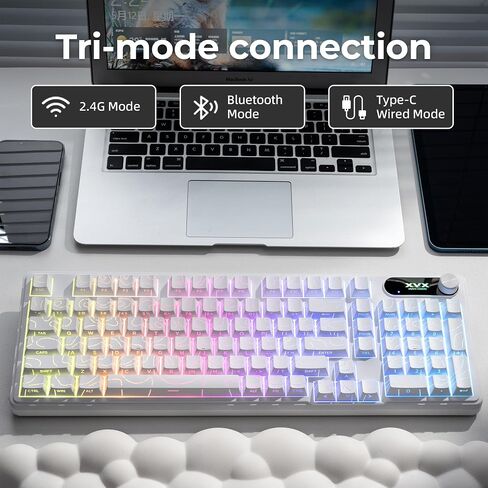 OHY XVX Wireless Keyboard,99Keys Quiet Typing Membrane Gaming Keyboard with Logo Display & Knob, RGB Backlit, USB C Rechargeable, 94 Keys PBT Keycap for Windows PC, Mac, Linux-White in Saudi Arabia