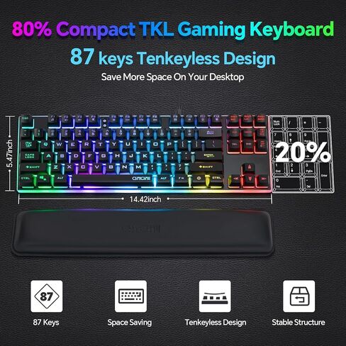 CHONCHOW 87 Keys TKL Wired Gaming Keyboard with Wrist Rest, Detachable USB-C Cable, RGB Backlight, Full Metal Panel Keyboard Compatible with PC Laptop Mac Xbox Ps4 Ps5 (Black) in Saudi Arabia