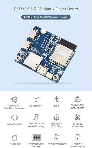 LED Matrix Controller Board, ESP32-S3 RGB Matrix Driver for HUB75 Panels, Dual Microphones, TF Card Slot, RTC, IMU Sensor, Audio Codec, LVGL Development Board in Saudi Arabia