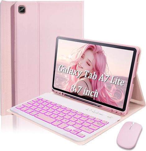 Keyboard Case for Samsung Galaxy Tab A7 Lite 8.7 inch (2021) ， 7-Color Backlighting, Detachable Bluetooth Wireless Keyboard and Mouse, Built-in Pen Slot, Lightweight and Portable - Black in Saudi Arabia