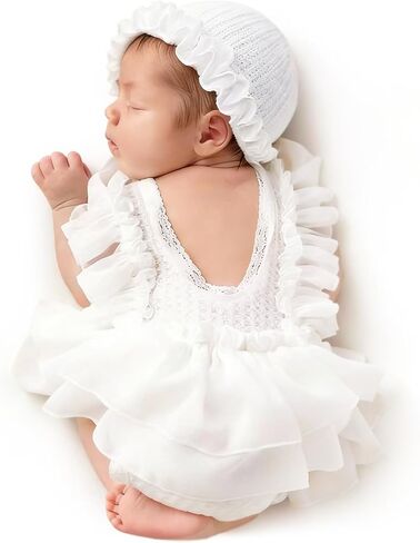 ForBaysy Newborn Photo Outfit for Girls Lace Romper with Ruffle Tulle Skirt Bonnet Hat Newborn Photography Props in Saudi Arabia