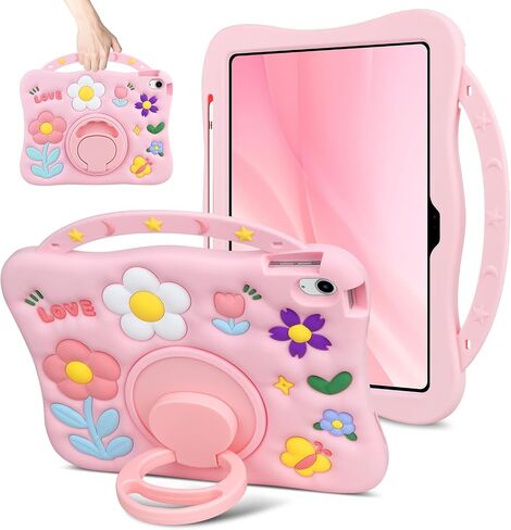 حافظة لجهاز iPad (A16) الجيل الحادي عشر مقاس 11 بوصة 2025 لجهاز iPad الجيل العاشر للأطفال والبنات مقاس 10.9 بوصة غطاء واقٍ مقاوم للصدمات من السيليكون الناعم مع حامل قلم رصاص ومقبض، وردي in Kuwait