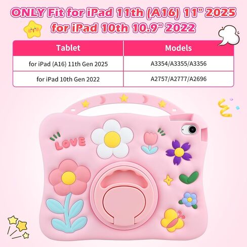 حافظة لجهاز iPad (A16) الجيل الحادي عشر مقاس 11 بوصة 2025 لجهاز iPad الجيل العاشر للأطفال والبنات مقاس 10.9 بوصة غطاء واقٍ مقاوم للصدمات من السيليكون الناعم مع حامل قلم رصاص ومقبض، وردي in Kuwait