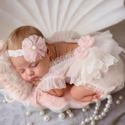 Newborn Picture Outfit Lace Romper & Headress,Newborn Photography Prop 0-3M in Saudi Arabia