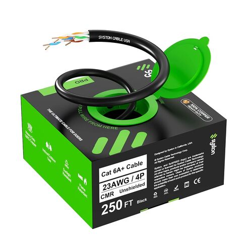 Syston Cable Technology Cat 6A+ Ethernet Network Cable, 750MHz 23AWG Solid Bare Copper Wire Outdoor/Indoor, No Ends 100/250/500/1000 Ft Available, Heat Resistant Riser Rated (250 FT, CMR, White-CMR) in Saudi Arabia