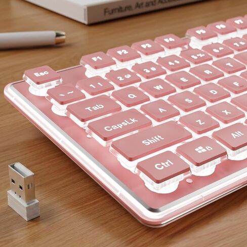 SEUNKWANG EWEADN X7S Wireless Keyboard with White Backlit, Metal Panel, 2.4G Rechargeable Computer Keyboard Silent Light up Full Size Cute Keyboards for Win & MAC - Pink in Saudi Arabia