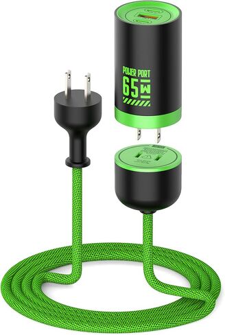شاحن MFish 65W 3-Port GaN USB C مع سلك قابل للفصل بطول 5 أقدام، أخضر سايبر in Kuwait