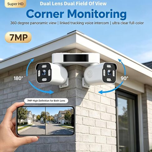 2-in-1 Dual Lens 7MP WiFi Security Camera Outdoor,Dual Cam Wide Angle View with LED Spotlight,Full Color Night Vision,Human Detection Two-Way Audio,Wired Plug-in Home Surveillance Camera in Kuwait