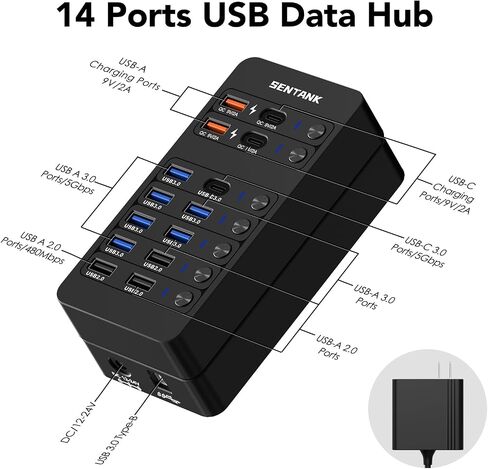 Powered USB Hub, SENTANK 14 Ports USB 3.0 Hub Splitter (4 Quick Charge Ports) Comes with 60W Power Adapter and Individually Switched LEDs for Mac & PC in Saudi Arabia