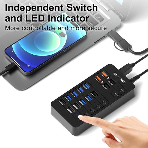 Powered USB Hub, SENTANK 14 Ports USB 3.0 Hub Splitter (4 Quick Charge Ports) Comes with 60W Power Adapter and Individually Switched LEDs for Mac & PC in Saudi Arabia