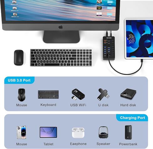 Powered USB Hub, SENTANK 14 Ports USB 3.0 Hub Splitter (4 Quick Charge Ports) Comes with 60W Power Adapter and Individually Switched LEDs for Mac & PC in Saudi Arabia