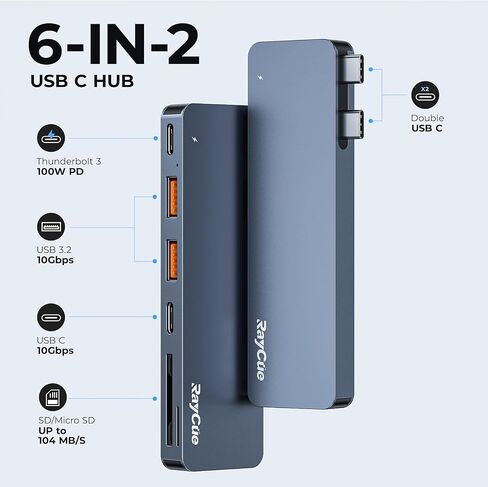 RayCue USB C Adapter for MacBook Pro/Air M1 M2 2023 2022 2021 13" 15" 16", 6 in 2 MacBook Pro Accessories with 10Gbps 2*USB 3.2, 10Gbps USB C Data Transfer, SD/TF Card Reader, and Thunderbolt 3 Port in Kuwait