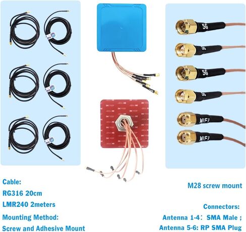 Maswell 6 Combo 5G 4X4 MIMO WIFI7 2X2 MIMO 700-6000MHz 6 in 1 Antenna Cellular 5G 4G LTE Screw and Adhesive Mount omnidirectional Bluetooth Wimax Zigbee Antenna SMA Male RP SMA Plug Not for Boosting in Saudi Arabia
