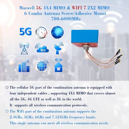 Maswell 6 Combo 5G 4X4 MIMO WIFI7 2X2 MIMO 700-6000MHz 6 in 1 Antenna Cellular 5G 4G LTE Screw and Adhesive Mount omnidirectional Bluetooth Wimax Zigbee Antenna SMA Male RP SMA Plug Not for Boosting in Saudi Arabia