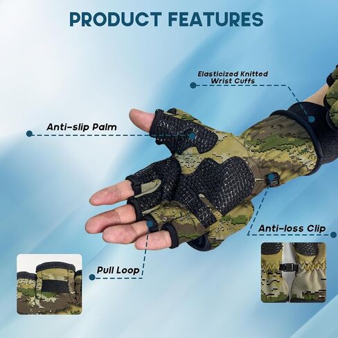 Riverruns Winter Fishing Gloves Convertible Mittens Fingerless for Men Women, Ideal for Ice Fishing, Photography, Hunting, CamoKhaki, L in Saudi Arabia