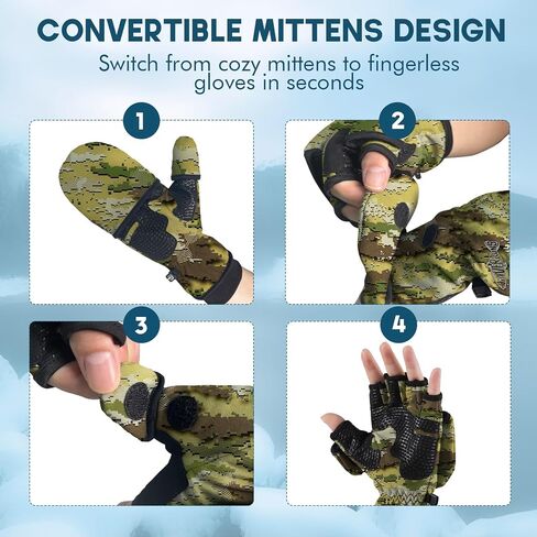 Riverruns Winter Fishing Gloves Convertible Mittens Fingerless for Men Women, Ideal for Ice Fishing, Photography, Hunting, CamoKhaki, L in Saudi Arabia