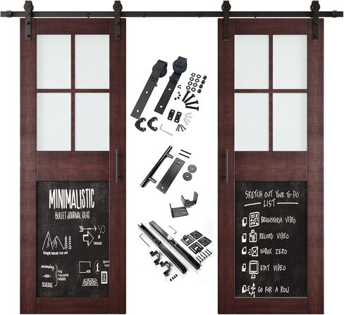 Red Mahogany 36 in. x 84 in. Double Sliding Barn Doors, Half Frosted Glass Cross Design with Chalkboard, Finished, Unassembled, Includes 13 ft Non-Bypass Hardware Kit, Interior Use Only in Saudi Arabia
