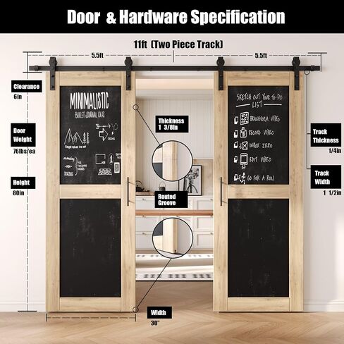 30 in. x 80 in. Double Sliding Barn Door, 2 Unfinished Chalkboard Barn Doors with 11ft Non-Bypass Installation Hardware Kit, Solid Wood Frame, Unassembled, Interior Use Only in Saudi Arabia