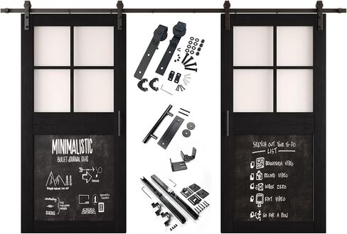 Black 42 in. x 84 in. Double Sliding Barn Doors, Half Frosted Glass Cross Design with Chalkboard, Finished, Unassembled, Includes 15 ft Non-Bypass Hardware Kit, Interior Use Only in Saudi Arabia