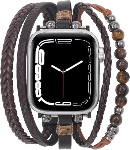 Beaded Boho Bracelet Compatible with Apple Watch Band 44/45/49/38/40/41/42mm(S10 11) Men, Handmade Multilayer Leather Wrap Braided Strap for iWatch Series 11/10(42mm)/9/8/7/6/5/4/3/2/1/SE in Saudi Arabia
