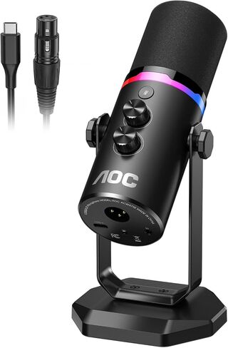 ميكروفون ديناميكي AOC USB/XLR لألعاب الكمبيوتر والبودكاست، ميكروفون بث استوديو ثنائي الوضع مع ضوء RGB، كتم الصوت السريع، مقبض التحكم في مستوى الصوت/الكسب، حامل مكتب عالي التحمل، كابلات من النوع C وXLR متضمنة in Saudi Arabia