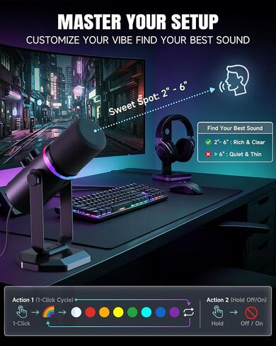 ميكروفون ديناميكي AOC USB/XLR لألعاب الكمبيوتر والبودكاست، ميكروفون بث استوديو ثنائي الوضع مع ضوء RGB، كتم الصوت السريع، مقبض التحكم في مستوى الصوت/الكسب، حامل مكتب عالي التحمل، كابلات من النوع C وXLR متضمنة in Saudi Arabia