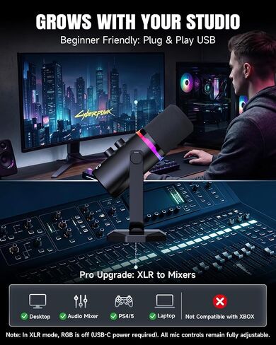 ميكروفون ديناميكي AOC USB/XLR لألعاب الكمبيوتر والبودكاست، ميكروفون بث استوديو ثنائي الوضع مع ضوء RGB، كتم الصوت السريع، مقبض التحكم في مستوى الصوت/الكسب، حامل مكتب عالي التحمل، كابلات من النوع C وXLR متضمنة in Saudi Arabia