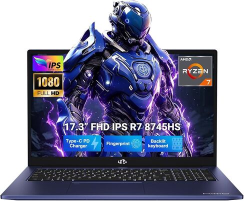 كمبيوتر محمول NIMO مقاس 17.3 بوصة مزود بتقنية الذكاء الاصطناعي، AMD R7-8745HS (حتى 4.9 جيجا هرتز Beat R9 7940HS) ذاكرة الوصول العشوائي 16 جيجا بايت 512 جيجا SSD 780M-Radeon، لوحة مفاتيح USB 4.0 بإضاءة خلفية FHD 100 وات من النوع C، تحرير الفيديو والألعاب ا in Kuwait