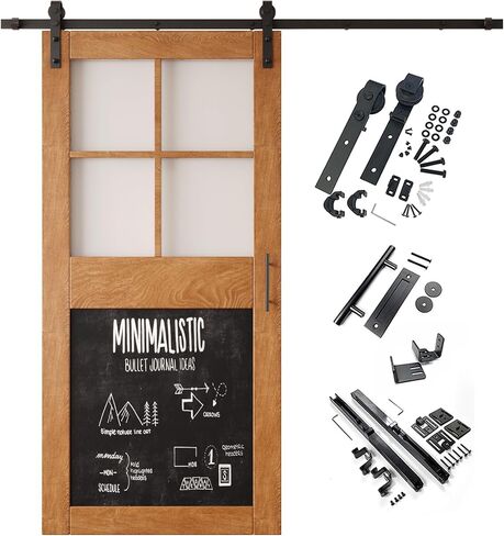 Early American 32 in. x 84 in. Sliding Barn Door, Half Frosted Glass Cross Design with Chalkboard, Finished, Unassembled, Non-Bypass Kit for 5.5ft Track, Interior Use in Saudi Arabia