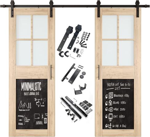40 in. x 84 in. Double Sliding Barn Doors, Half Frosted Glass Cross Design with Chalkboard, Unfinished, Unassembled, Includes 14 ft Non-Bypass Hardware Kit, Interior Use Only in Saudi Arabia