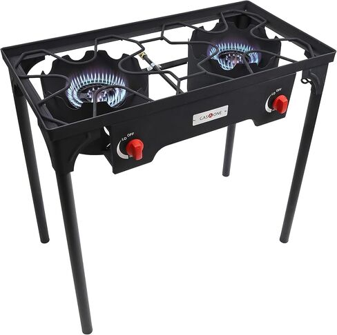 Gas One B-4545A Propane Double Burner Two Burner Camp Stove Outdoor High Pressure Propane 2 Burner Adjustable PSI Regulator and 4ft Hose With Removable Legs in Saudi Arabia