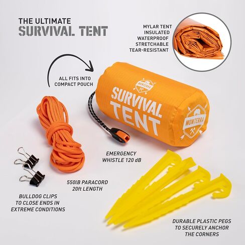 Monterra Emergency Tent, 2 Person Survival Shelter, Thermal Mylar, Waterproof, Outdoor Camping Gear and Equipment, Survival Kits, Compact Bivvy Tarp, includes Paracord and Accessories. in Saudi Arabia