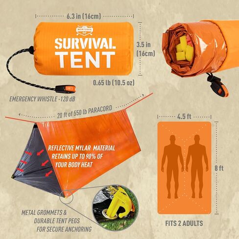 Monterra Emergency Tent, 2 Person Survival Shelter, Thermal Mylar, Waterproof, Outdoor Camping Gear and Equipment, Survival Kits, Compact Bivvy Tarp, includes Paracord and Accessories. in Saudi Arabia