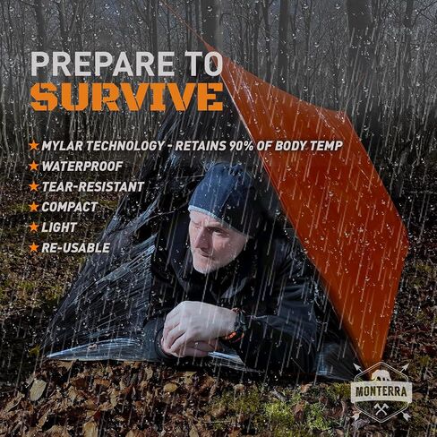 Monterra Emergency Tent, 2 Person Survival Shelter, Thermal Mylar, Waterproof, Outdoor Camping Gear and Equipment, Survival Kits, Compact Bivvy Tarp, includes Paracord and Accessories. in Saudi Arabia