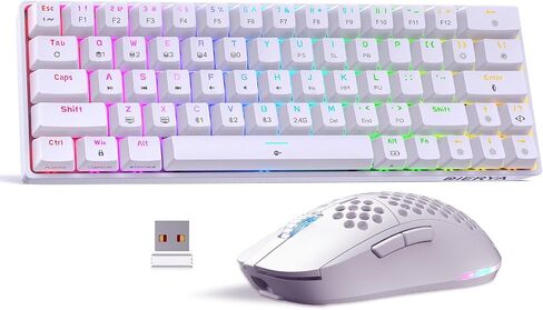 مجموعة لوحة مفاتيح وماوس لاسلكية للألعاب من DIERYA، DK63 & M1 60% لوحة مفاتيح RGB صغيرة مع مفاتيح زرقاء وماوس خفيف الوزن 24000 نقطة في البوصة | الوضع الثلاثي (BT/2.4G/USB) | ار جي بي | لأجهزة الكمبيوتر الشخصية وأجهزة ماك واللاعبين والطابعين - أبيض in Kuwait